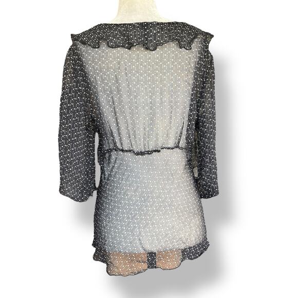 Vintage Y2K Blouse Black Sheer Silk Ruffle Top Polka Dot Lightweight Flowy - Picture 4 of 7